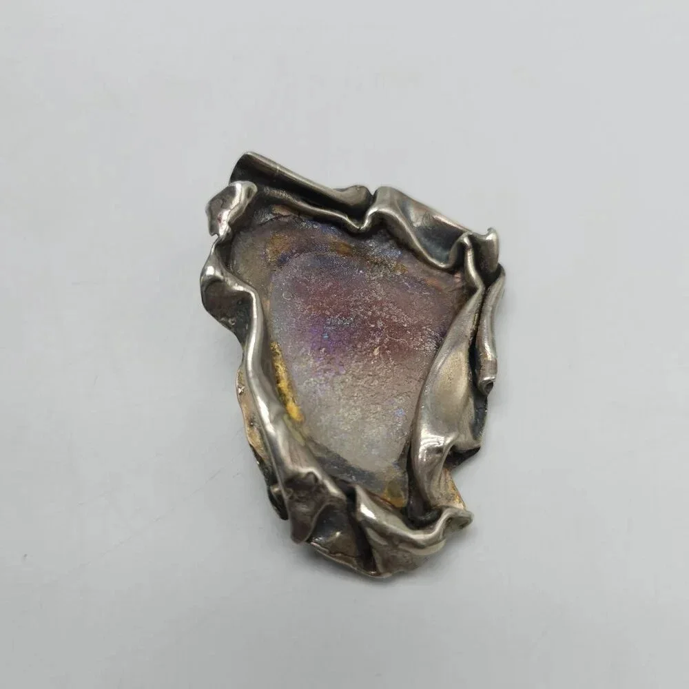 Vintage Artisan Abstract Brutalist Sterling Silver Purple Roman Glass Brooch Pin